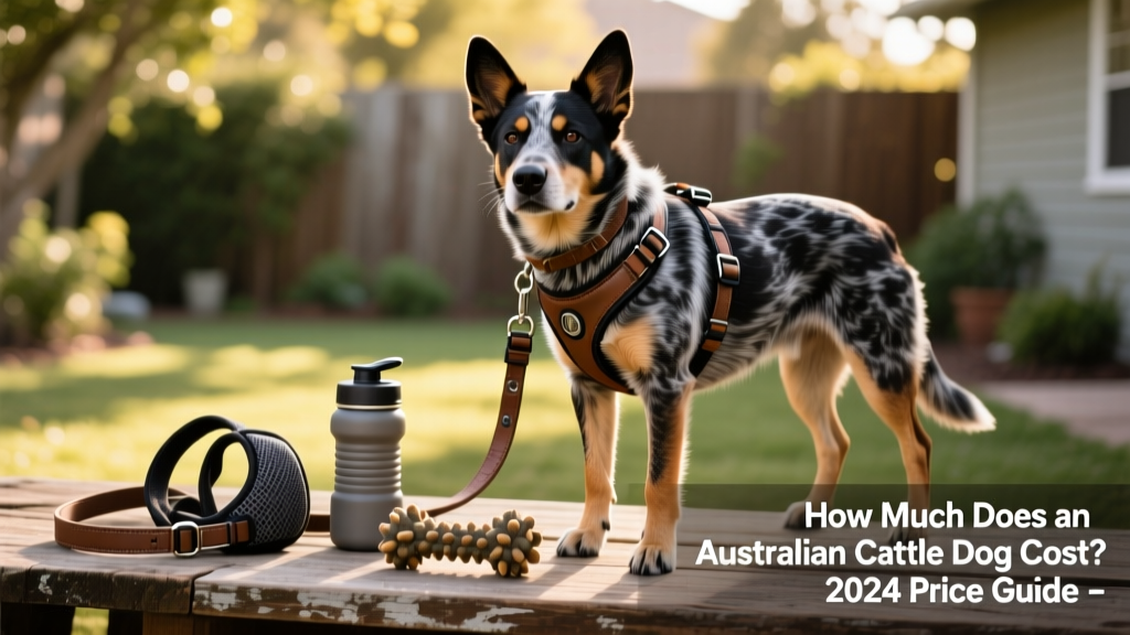 Side-by-side comparison: healthy Australian Cattle Dog adult with shiny coat and alert expression next to well-maintained gear (leash, harness, water bottle, and durable toy)