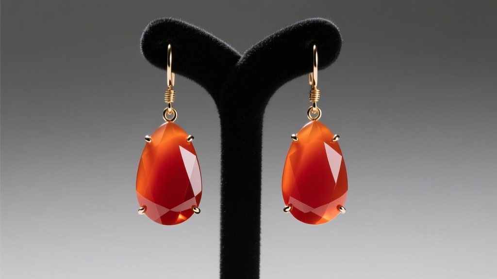 Polished orange-red carnelian drop earrings hanging from a velvet display stand, illuminated by soft directional studio lighting