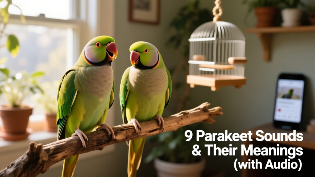 Two parakeets side-by-side on a perch, one tilting its head while softly calling to the other