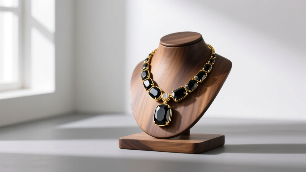 Pristine gold and black onyx necklace on a wooden stand, lit by soft natural window light in a clean jewelry studio environment.