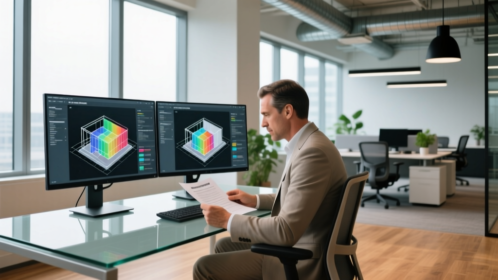 Recruiter reviewing ASTM material testing reports and BIM models on dual monitors in a modern construction firm office
