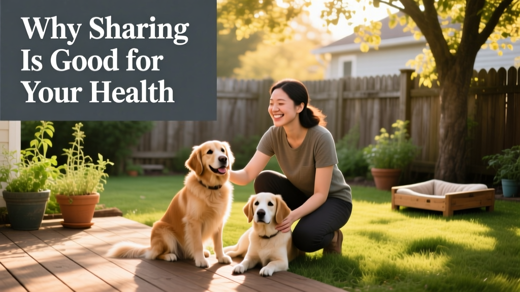 A friendly, confident pet sitter crouching beside two calm dogs in a cozy backyard, smiling as they share a moment of connection