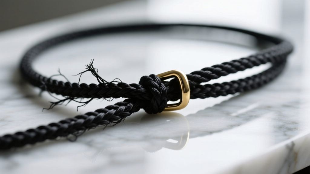 Macro shot of a frayed black silk cord lariat showing worn fibers near a brass slide clasp, placed on a polished marble surface