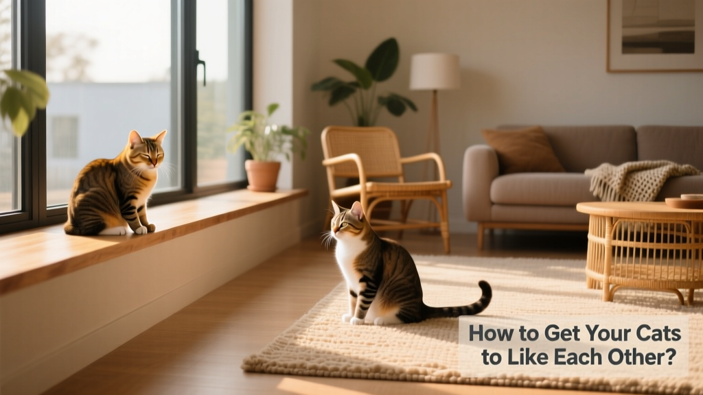 Two cats sitting a few feet apart in a sunlit room, one on a windowsill, one on a rug, both relaxed