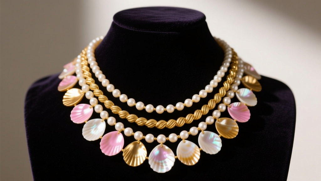 Multi-strand Niihau shell necklace with tiny golden and pink kahelelani shells on a dark velvet bust under soft lighting.