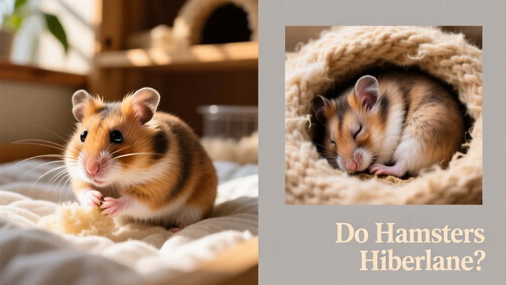 Side-by-side comparison: a healthy, alert hamster grooming on clean bedding versus a hamster in torpor, curled tightly and motionless in warm, layered nesting material