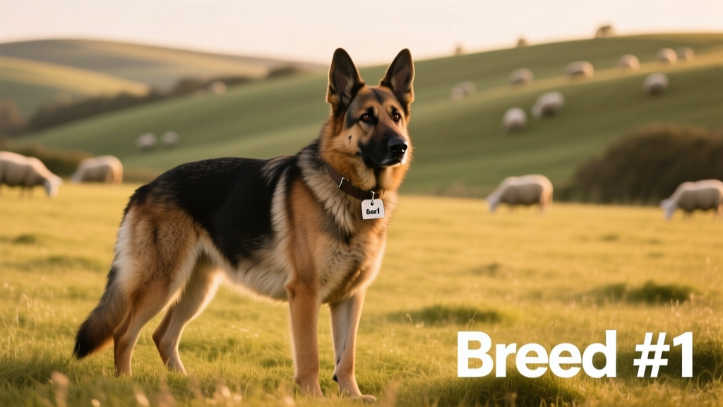 A German Shepherd standing alert on open grassland, ready to work