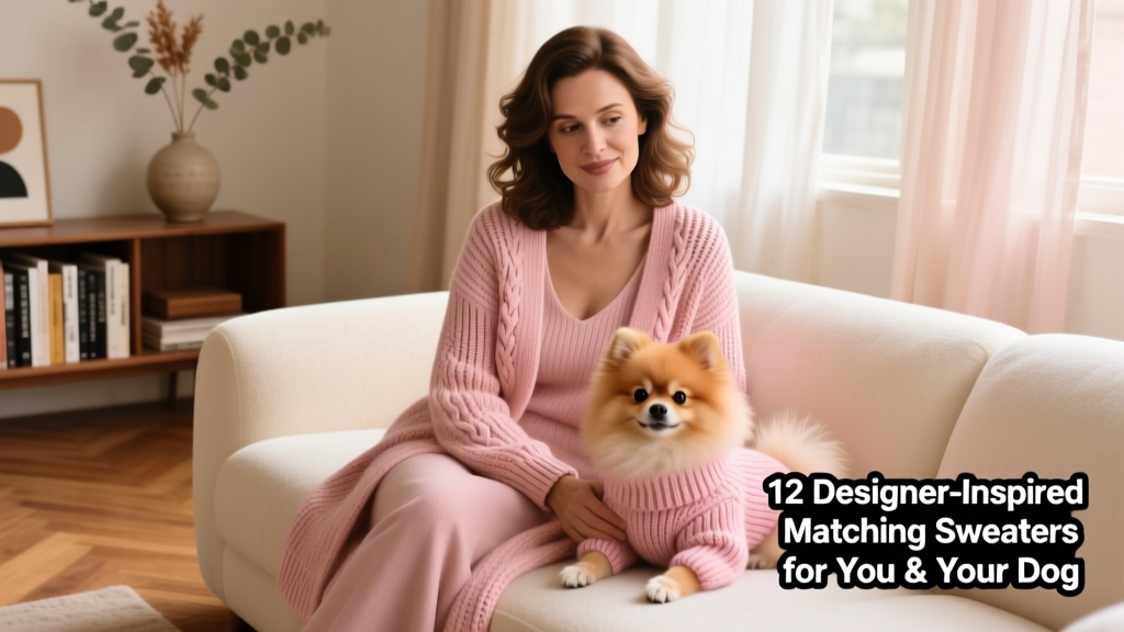 A woman wearing a soft blush pink cable-knit cardigan and her small dog in a matching marled pink sweater, both sitting on a cozy sofa