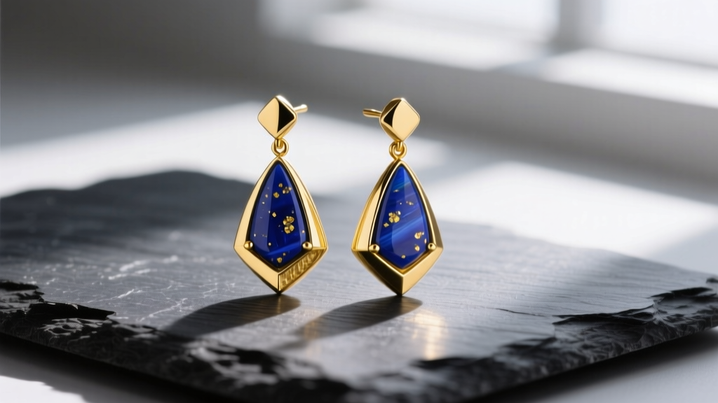 Close-up of lapis lazuli and yellow gold drop earrings on dark slate, softly lit for a jewelry care guide
