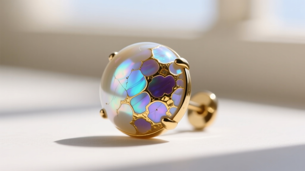 Macro shot of a vintage Mallorcan pearl stud earring showing the iridescent bismuth coating on a smooth opaline glass core.