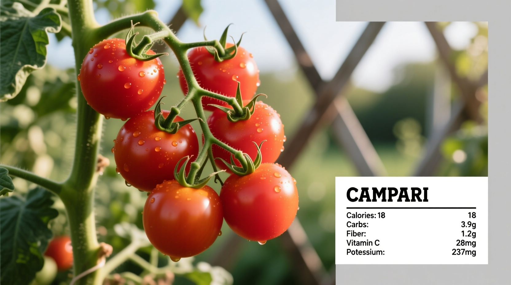 Fresh Campari tomatoes on vine with nutritional facts