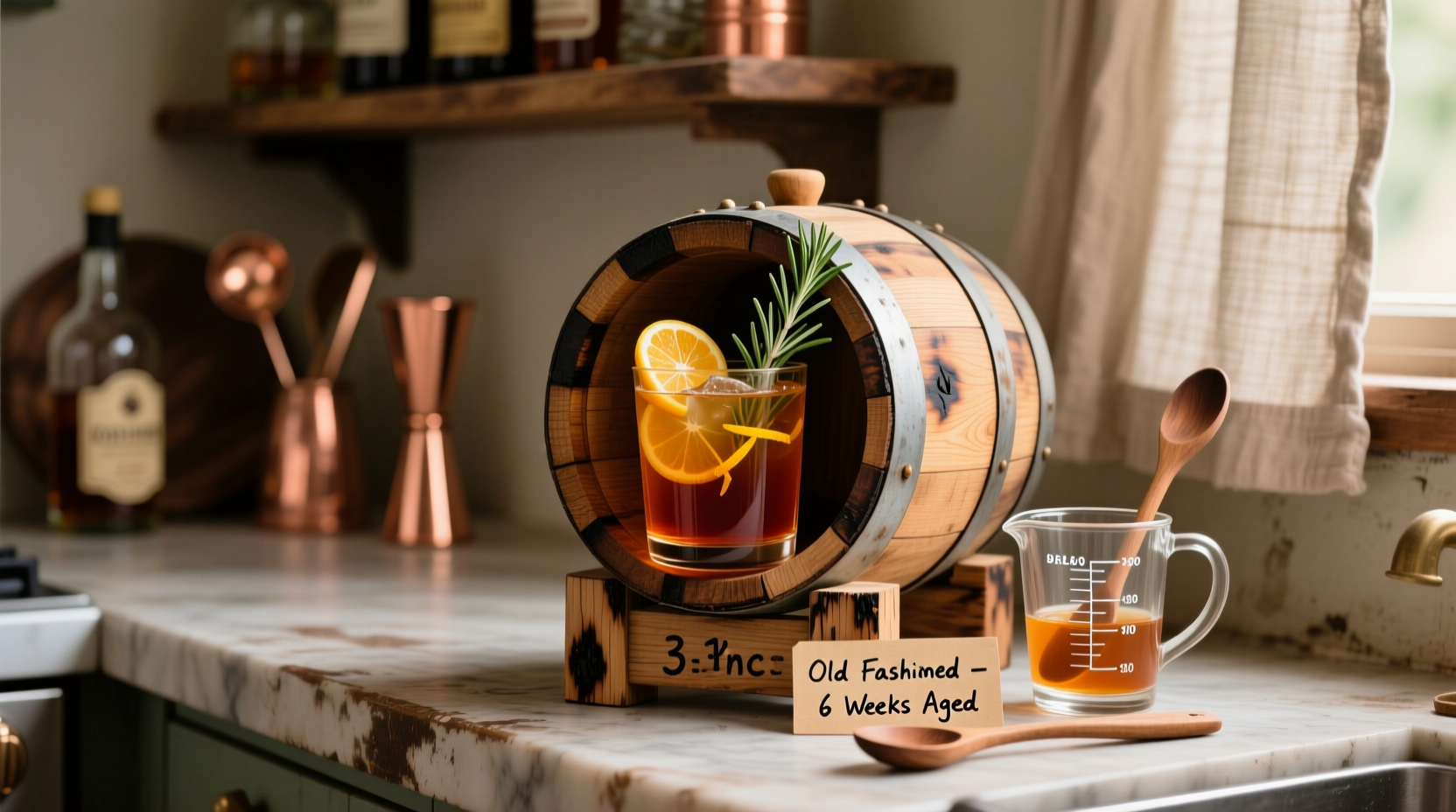 barrel-aged cocktails at home using small oak staves DIY method