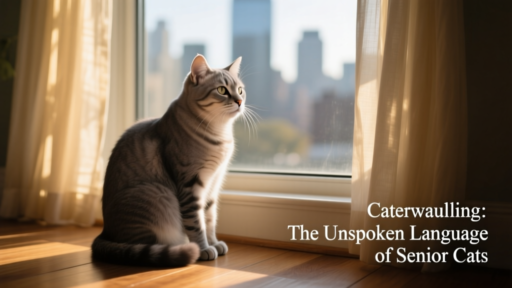 Senior cat sitting by a window, looking out intently