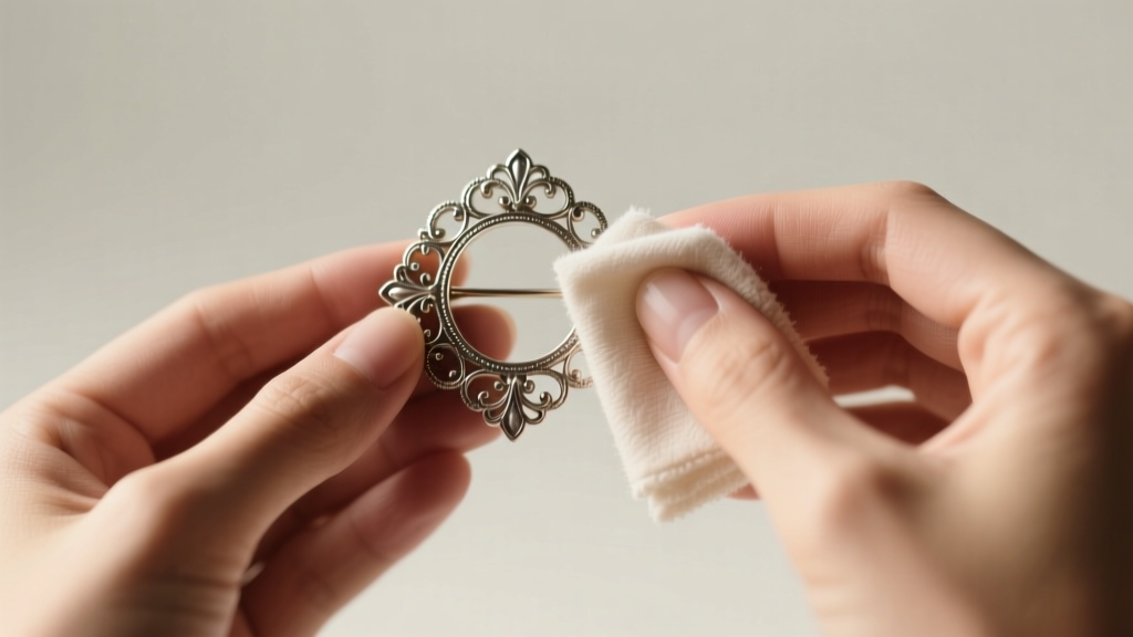 Hands gently wiping a delicate silver-plated vintage brooch with a soft microfiber cloth under warm, diffused studio lighting