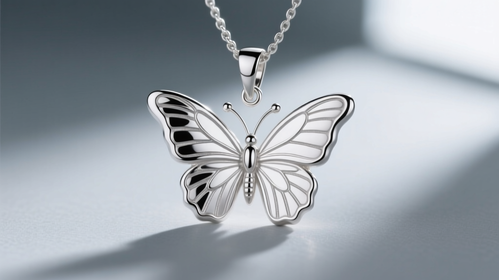 Macro shot of a 925 sterling silver butterfly pendant edge, revealing smooth rhodium plating and precise metal casting lines.