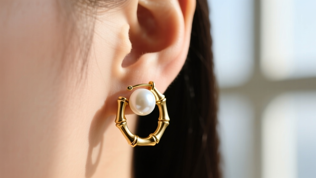 Close-up of an ear wearing a gold bamboo huggie earring with a pearl, highlighting the secure leverback clasp against blurred skin.