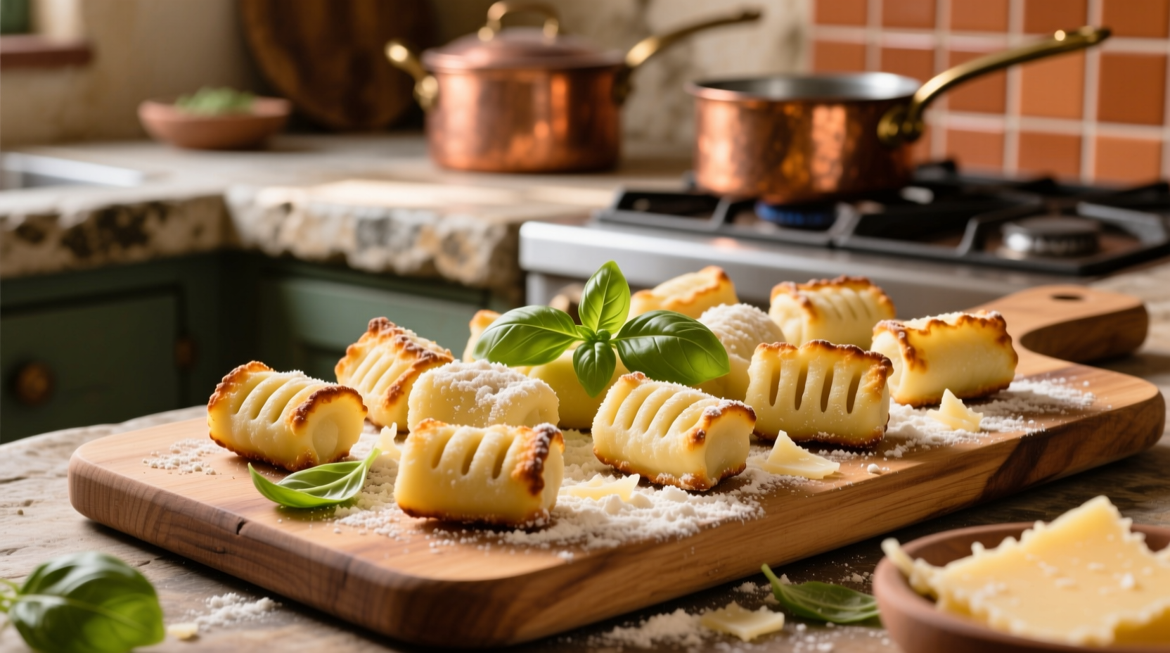 Traditional Italian potato gnocchi on wooden board