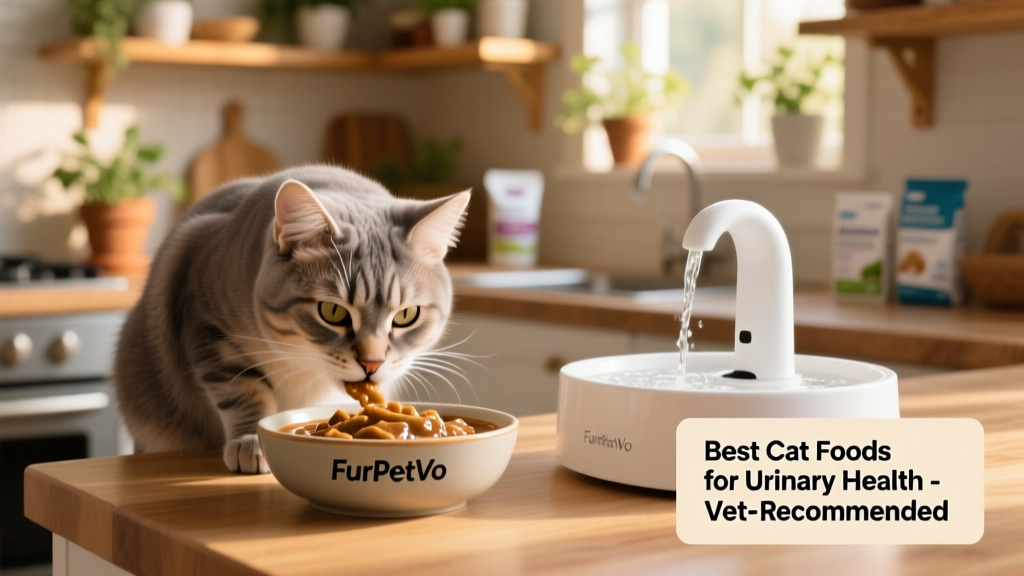 Happy senior cat eating from a shallow bowl of FurPetVo senior urinary health wet food, with a water fountain nearby