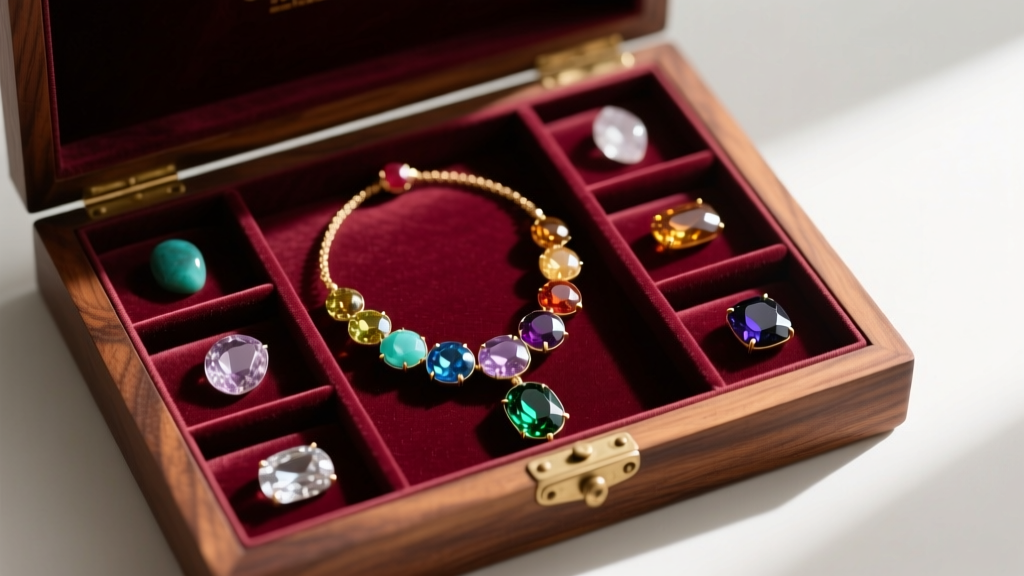 A 7 chakra necklace stored inside a velvet-lined wooden jewelry box with individual compartments, soft lighting highlighting the gemstones.