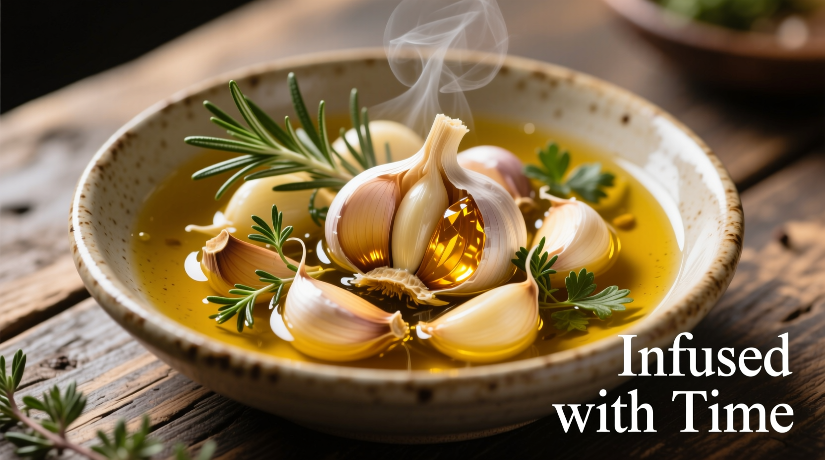 Golden garlic cloves submerged in olive oil with herbs