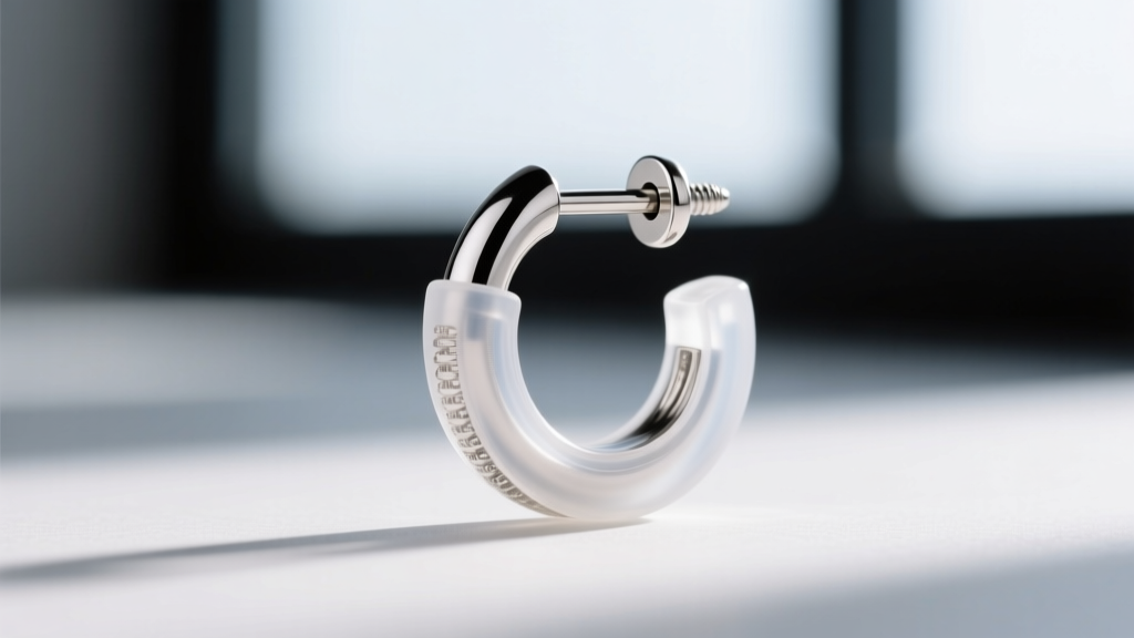 Extreme macro shot of an 18-gauge earring post secured with a clear silicone O-ring backing, highlighting the friction grip.
