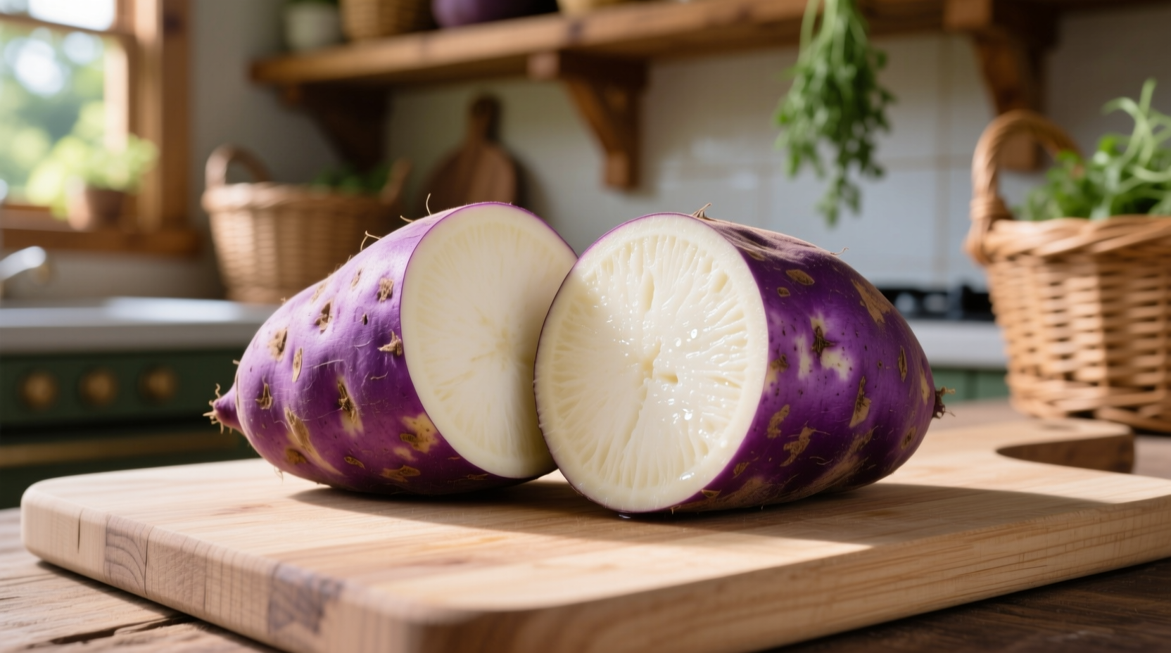 White sweet potato variety with purple skin cut in half