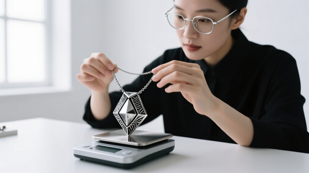Jeweler using a digital scale to weigh a massive 200-gram oxidized silver bold statement necklace with geometric pendant