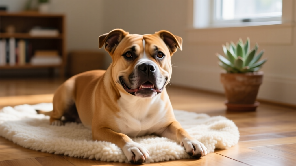A close-up portrait of a smiling Staffordshire Bull Terrier with soft eyes and a relaxed expression, sitting on a cozy rug indoors
