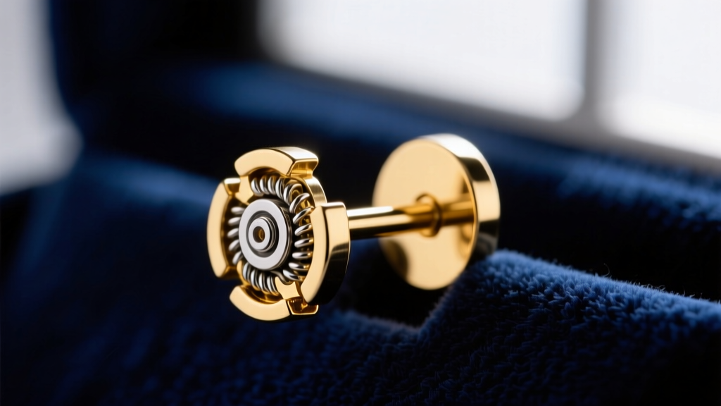 Macro shot of a patented micro-clutch earring back locking onto an 18k gold post, showing internal springs against dark velvet