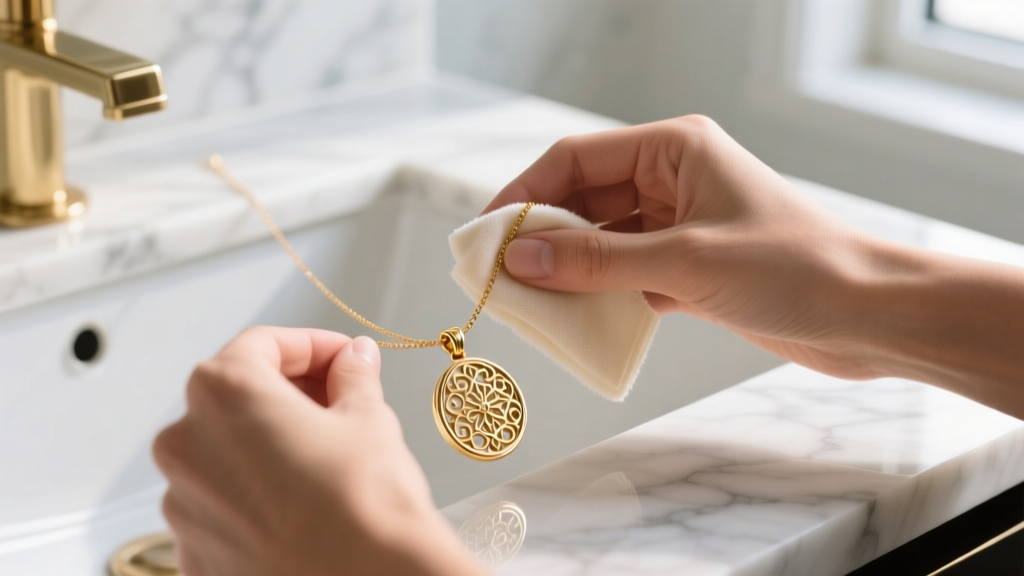 Hands gently polishing a gold vermeil pendant necklace with a microfiber cloth on a clean white marble bathroom vanity surface.