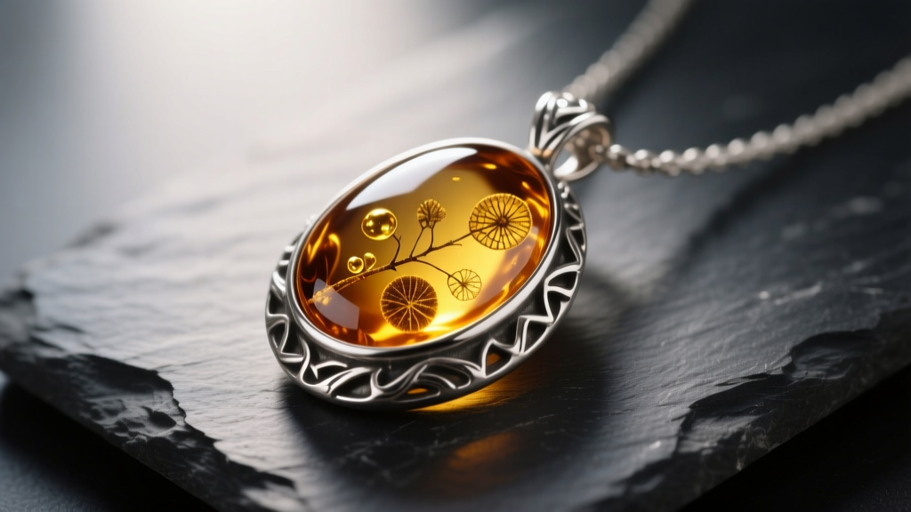 Baltic amber pendant in an oxidized 925 sterling silver bezel on dark slate, soft lighting highlighting inclusions.