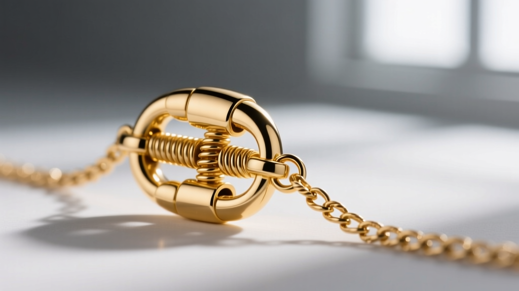 Macro photography of a sturdy 14k gold-filled lobster clasp attached to a fine cable chain, sharp focus on the spring mechanism.