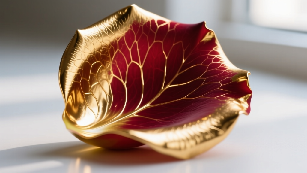 Macro shot of a real rose petal electroplated in 24k gold, showing intricate organic veins and a metallic transition on the edge