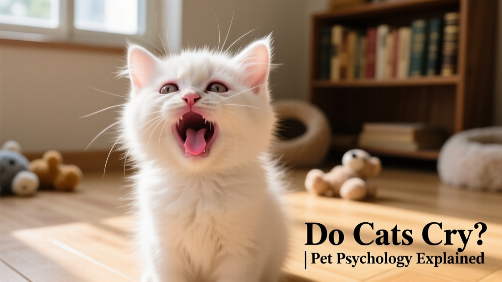 A kitten with its mouth open mid-meow, appearing to cry loudly