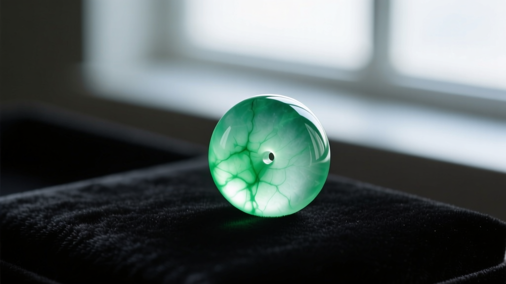 Macro shot of a light green jade bead under UV light showing no polymer glow, verifying natural Type A jadeite on dark velvet.