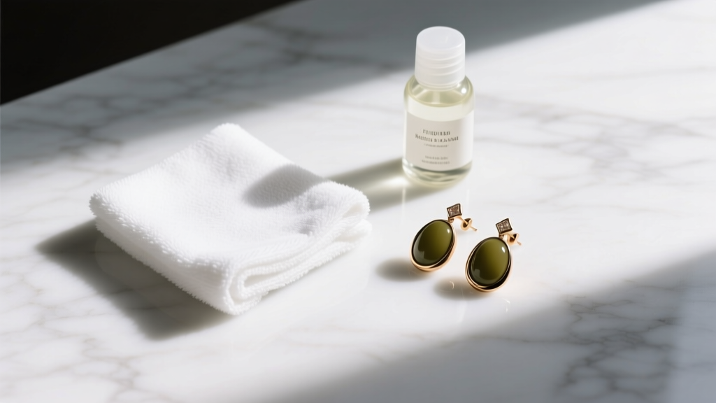 Flat lay of jewelry cleaning supplies, microfiber cloth, mild soap, and olive tone earrings resting on a white marble surface.