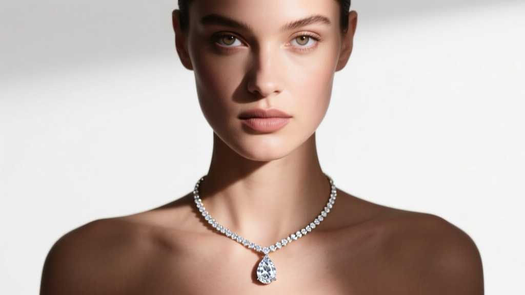 Model wearing a pear-shaped diamond dangle necklace on an 18-inch white gold chain, illuminated by soft, warm studio lighting.