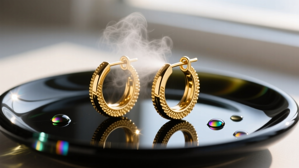 Macro shot of hypoallergenic earring spray misting a fine coat over 14k gold vermeil huggie earrings resting on a dark glass tray
