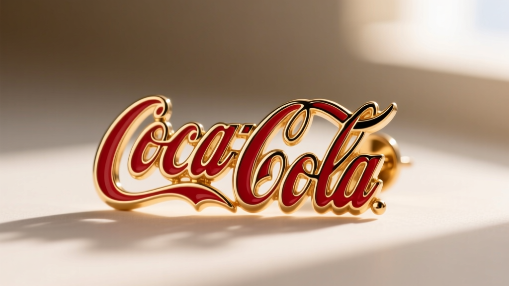 Macro shot of a brass cloisonné enamel Coca Cola logo stud earring, showing metallic wire separations and glossy red resin fill.
