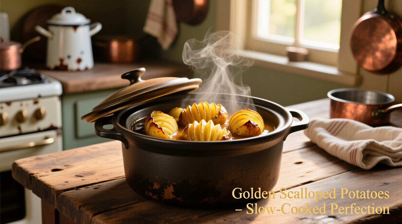 Crockpot filled with golden scalloped potatoes