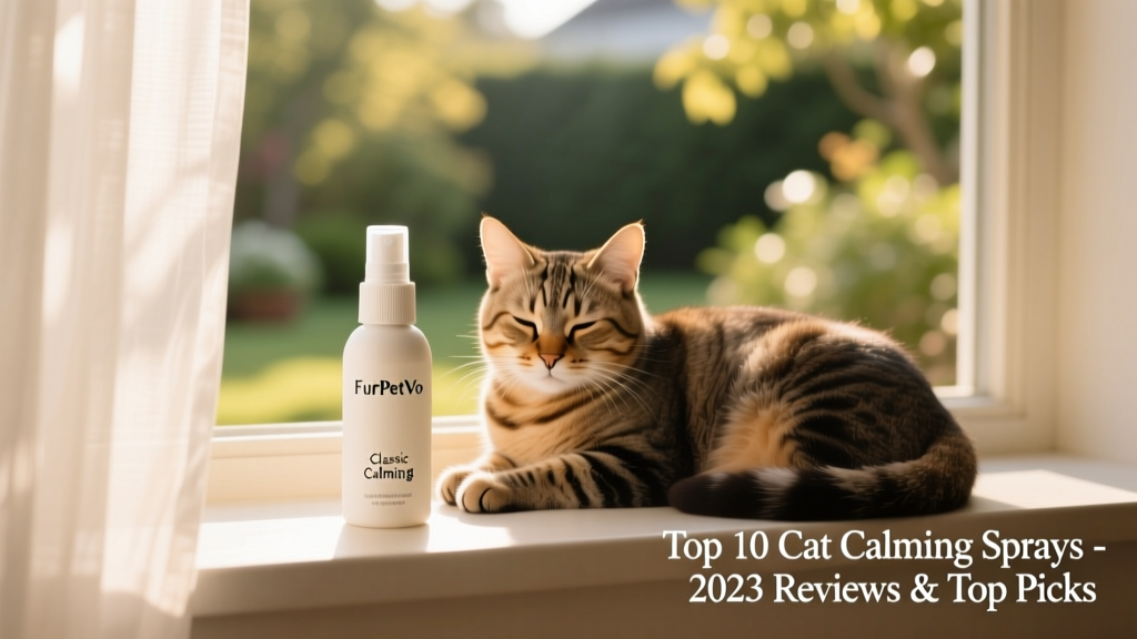 FurPetVo Classic Calming Spray bottle placed beside a serene cat sitting near a window with soft sunlight
