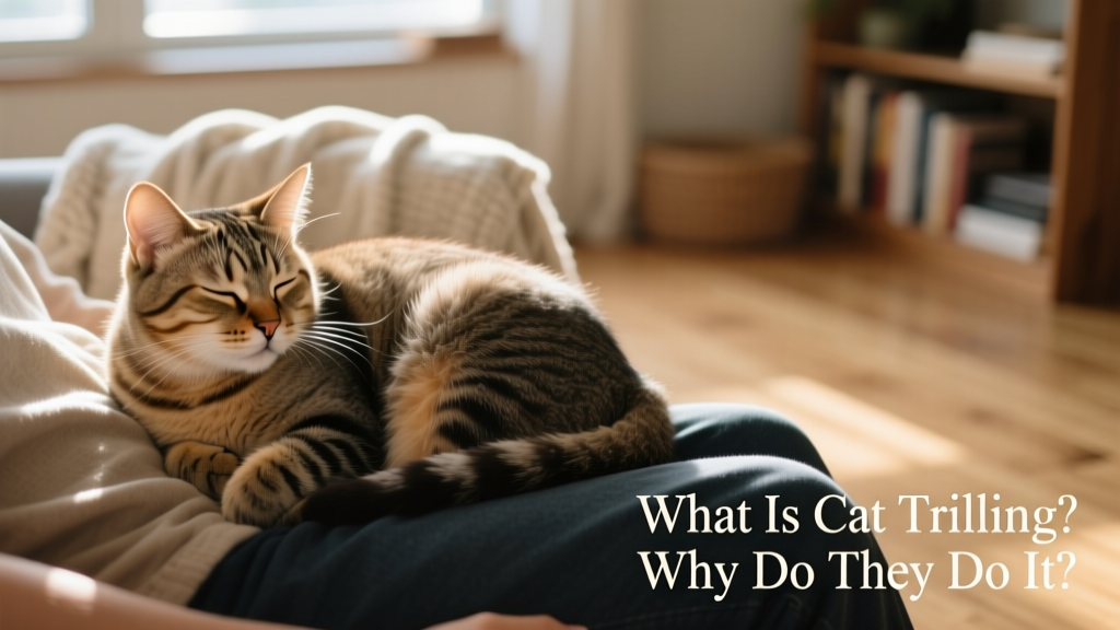 A calm cat curled on a lap, eyes half-closed, softly trilling