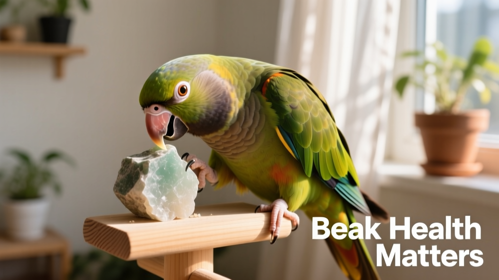 Bird gently using a mineral block and wooden perch to maintain beak health