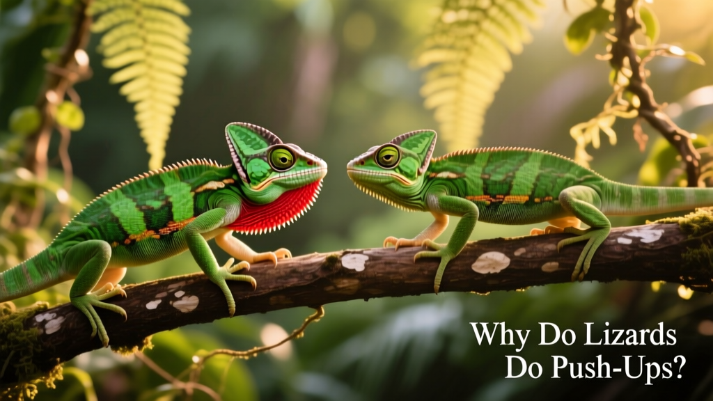 Two green anoles facing each other on a branch, one displaying dewlap and performing push-ups