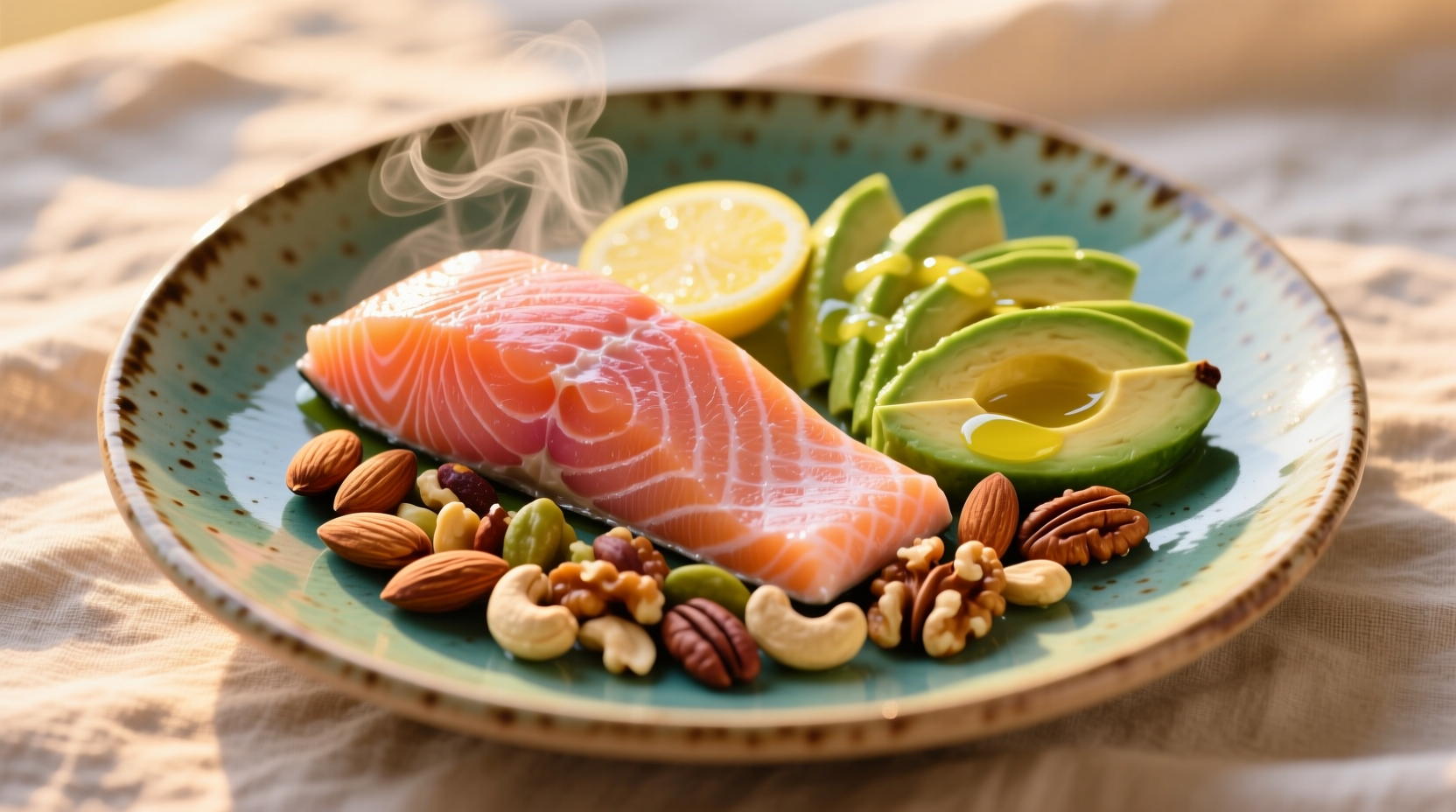Colorful plate with salmon, avocado, and mixed nuts