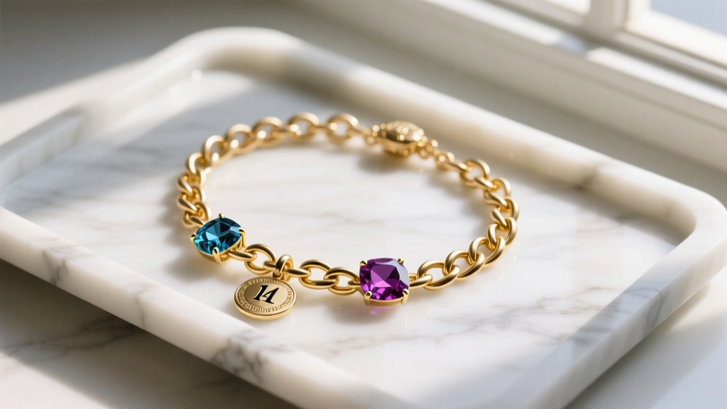 Tangled 14k gold chain with three initial charms and two birthstones resting on a white marble tray in soft light.