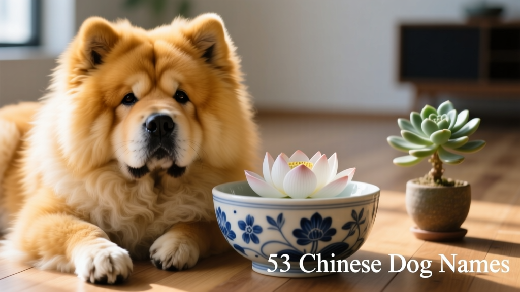 Close-up of a golden-yellow Chow Chow resting beside a ceramic lotus bowl, soft natural light