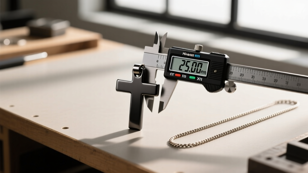 Overhead view of a workbench showing digital calipers measuring a 25mm matte black titanium cross pendant next to a 3mm rope chain
