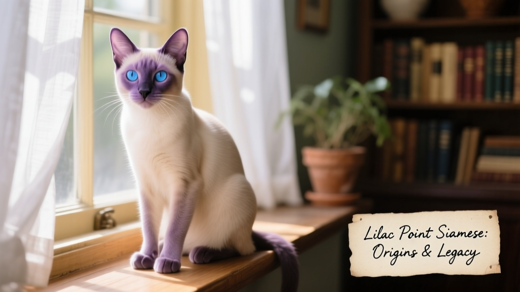 A serene Lilac Point Siamese sitting gracefully on a sunlit windowsill, highlighting its pale lavender points and bright blue eyes