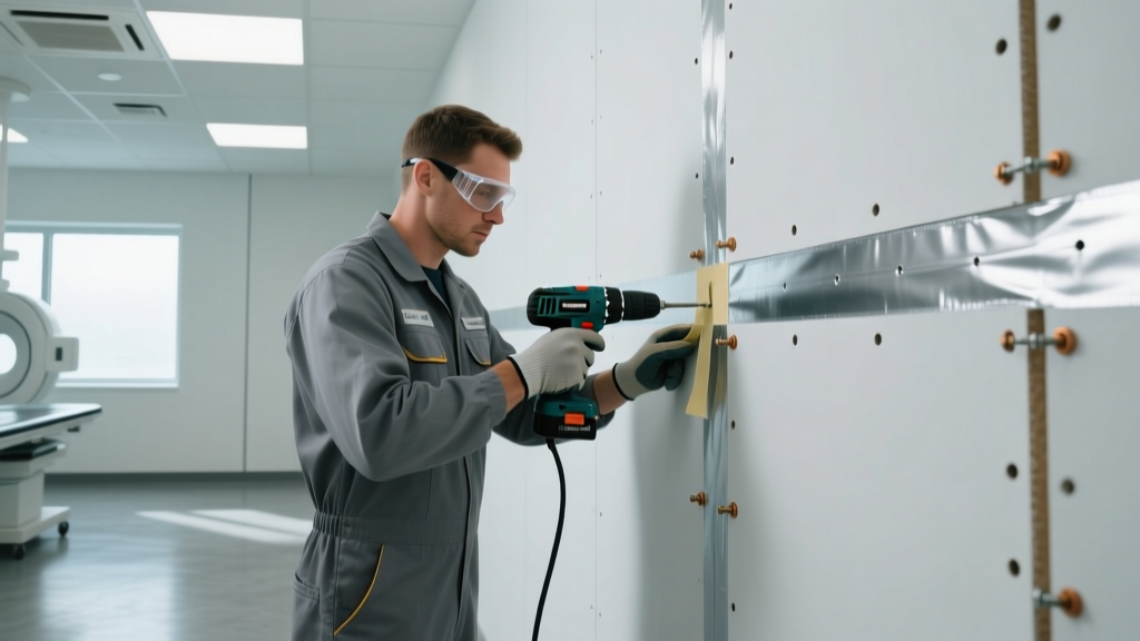 Contractor installing lead-lined gypsum board in an X-ray room, applying lead stripping tape over seams and shielded fasteners